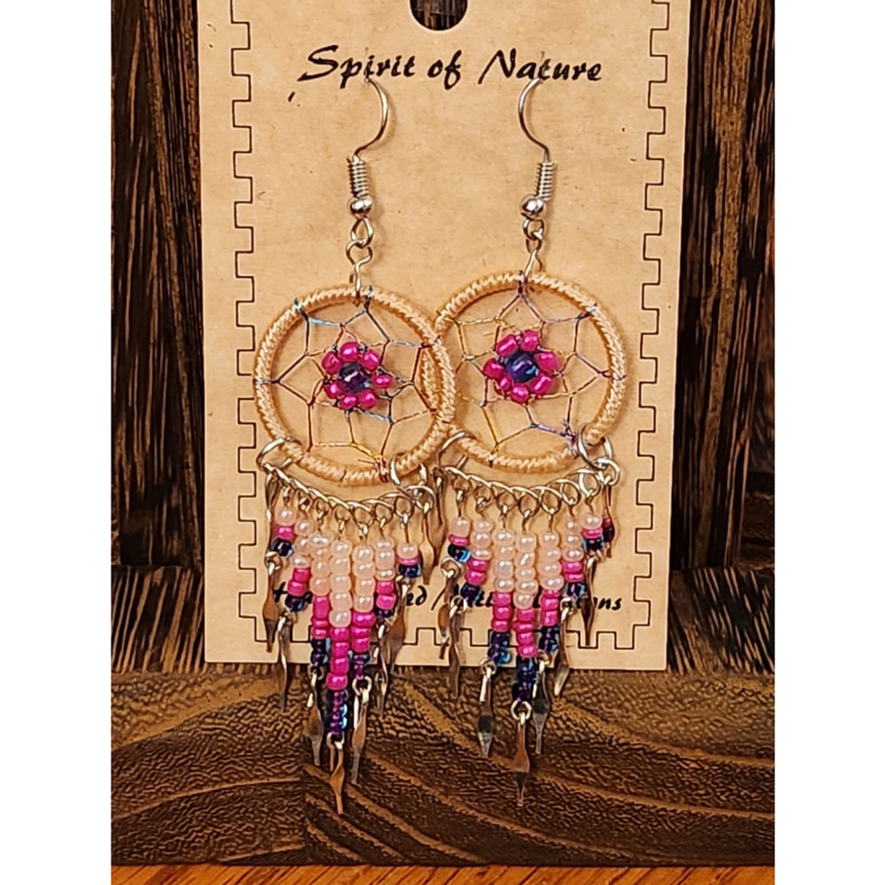 Spirit of Nature Dreamcatcher Dangle Earrings Beige Pink